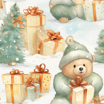 Photo of a watercolor seamless repeating pattern of cute bear in Christmas clothes, gifts and christmas tree
