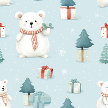 Photo of a watercolor seamless repeating pattern of a white bear, gifts and christmas tree