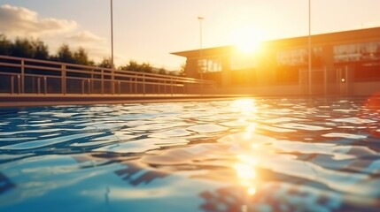 Calm water surface in the empty swimming pool of the sports center, sunrise. Generative AI