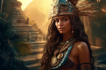 Monumental Aztec woman pyramid. Tourist sacred. Generate AI