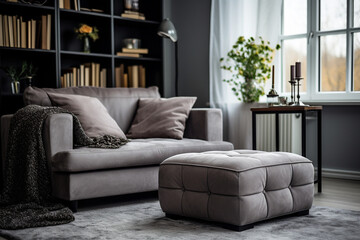 Stylish living room interior with comfortable sofa and ottoman