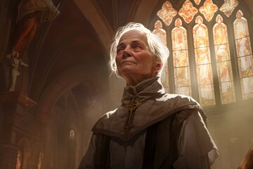 Naklejka premium Dedicated Bishop senior woman church. Christ prayer. Generate AI