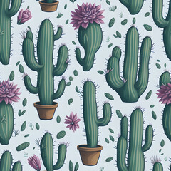 Vector seamless pattern with different cactus. Bright repeated texture with green cacti. Natural hand drawing background with desert plants.