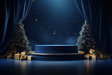 Christmas scene with empty dark blue podium and Xmas trees. Generative AI