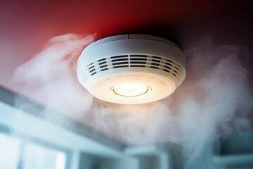Close up of detector with smoke on the ceiling in background of modern house. Building concept of safety and warning. - obrazy, fototapety, plakaty