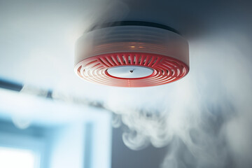 Close up of detector with smoke on the ceiling in background of modern house. Building concept of safety and warning. - obrazy, fototapety, plakaty