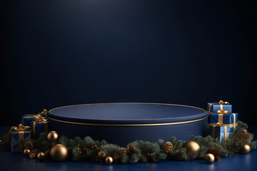 Dark blue empty podium decorated Christmas balls, for branches, gift boxes. Generative AI
