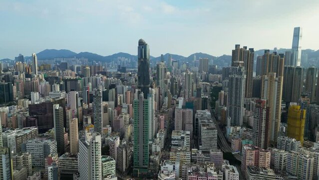 Mong Kok, Hong Kong: Aerial drone footage of the very crowded Sham Shui Po residential district in Mong Kok in Kowloon in Hongkonk. 