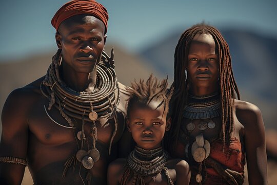 Outdoor portrait of Himba tribe family. AI generative art