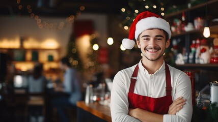 Portrait of charming young a waitress wearing Santa hat smiling and looking at camera merry x-mas...