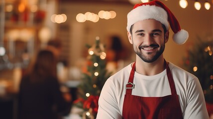 Portrait of charming young a waitress wearing Santa hat smiling and looking at camera merry x-mas at the coffee shop. AI.