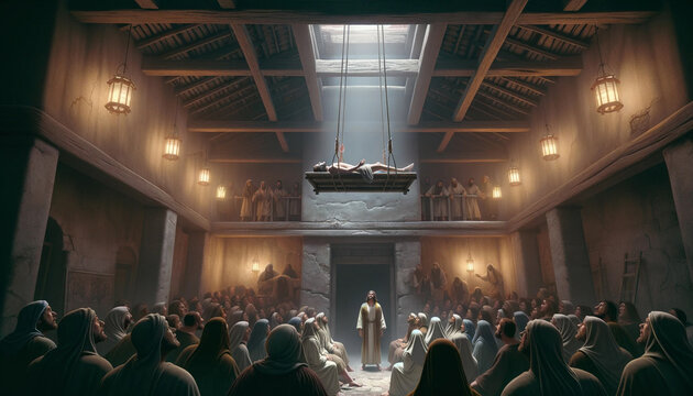 The Capernaum Miracle in the Bible: Jesus Christ heals a paralysed man who was lowered down through an opening in the roof.