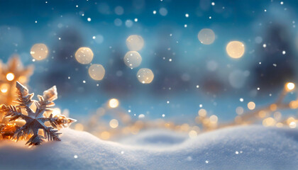 Fototapeta na wymiar Wintermotiv - Hintergrundmotiv. Kleine Schneeverwehungen vor einem unscharfen Hintergrund mit Schneefall und glitzernden Lichtern.