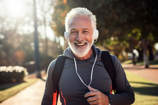 AI generated image. Smiling active senior man in fitness wear running in the park