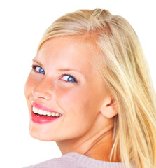 Naklejka premium Portrait, woman and happy with glow for skincare, facial treatment and natural beauty in studio on mock up space. Face, person and smile for cosmetic, wellness and self care on white background
