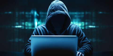Anonymous Digital Operative Behind a Laptop. Hacker in a dark room. Generative AI