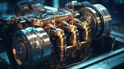 Two pistons in a cylinder with four valves in a modern engine with gears nearby. - obrazy, fototapety, plakaty