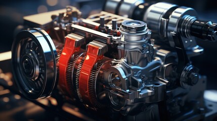 Two pistons in a cylinder with four valves in a modern engine with gears nearby.