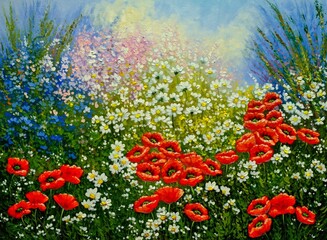 Oil paintings rural landscape, flowers in the field - 669056454