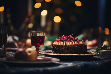 Glass of wine and Slice of sweet chocolate cake for Christmas Eve on served table