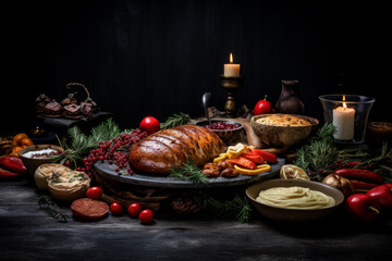 Delicious Christmas themed dinner table with baking, appetizers and desserts. Holiday concept