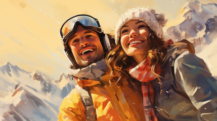 In a picturesque painted style, young friends at a ski resort capture a delightful moment by taking a cheerful selfie amidst the winter wonderland.