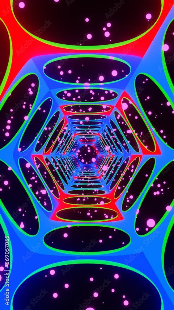Poster hexagonal neon light tunnel motion graphics, looping animation of vertical screen design looping ani
