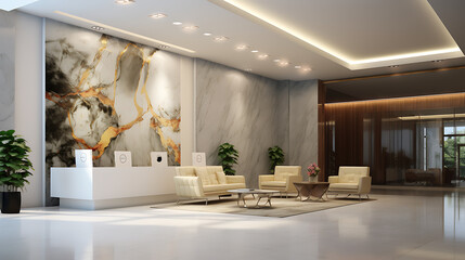 A huge office has beautiful white stone cover the wall and has big reception cover with metal, behind the reception has an beautiful oil painting on the wall, the light is warm, beautiful stone one gr