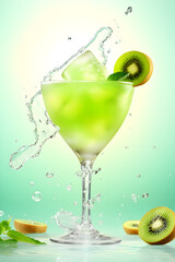 Vibrant kiwi cocktail with a splash on a mono green backdrop, for refreshing drink advertisements and summer-themed illustrations