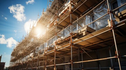 Fototapeta premium Scaffolding on the facade of a multi - storey building during the repair, reconstruction