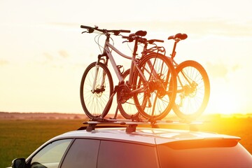 two bicycles mounted on the roof of the car. Car Transporting Sports Equipment.
