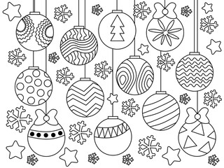 Black and white Christmas, New Year doodle illustration, coloring book, with Christmas balls