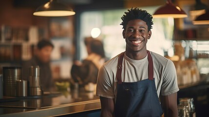 portrait of a cafe worker of a handsome African American guy barista smiling at the camera while standing at the counter. Happy young man in an apron . waiter working. background AI - obrazy, fototapety, plakaty