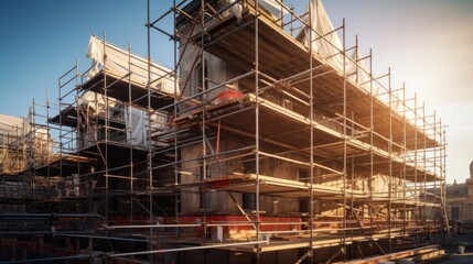 Scaffolding on the facade of a multi - storey building during the repair, reconstruction