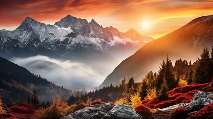 Enchanting Dawn: Tranquil Autumn Landscape with Majestic Mountain Peaks and Lush Woodland generated by AI tool 