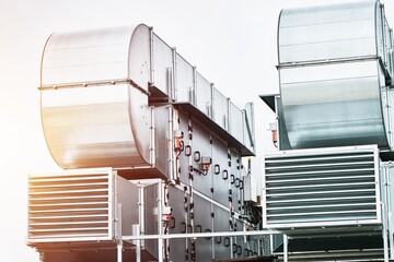 Close-up of the ventilation system on the roof. Big commercial HVAC unit. Air conditioner...