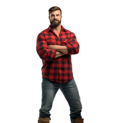 Fototapeta premium young adult lumberjack with red plaid shirt, standing full body, white background