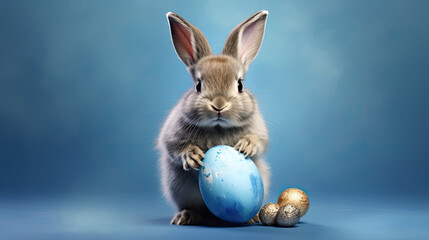 Fototapeta na wymiar a bunny with an easter egg on a blue background