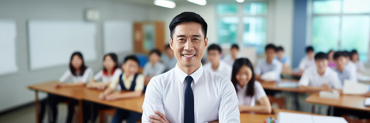 Asian man school teacher smile portrait in classroom with student
