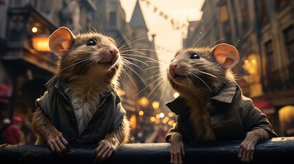deux rats dans une rue d'une grande ville comme Paris - obrazy, fototapety, plakaty