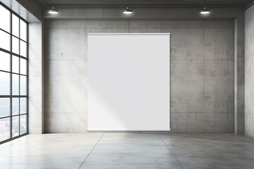 white empty stand rollup in a light minimalist office interior. mockup for the presentation of business ideas and products. interior with high ceilings and windows, brick walls.