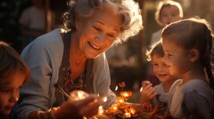 Happy old grandmother spends free time with family with grandchildren in the garden.