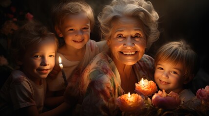 Happy old grandmother spends free time with family with grandchildren in the garden.