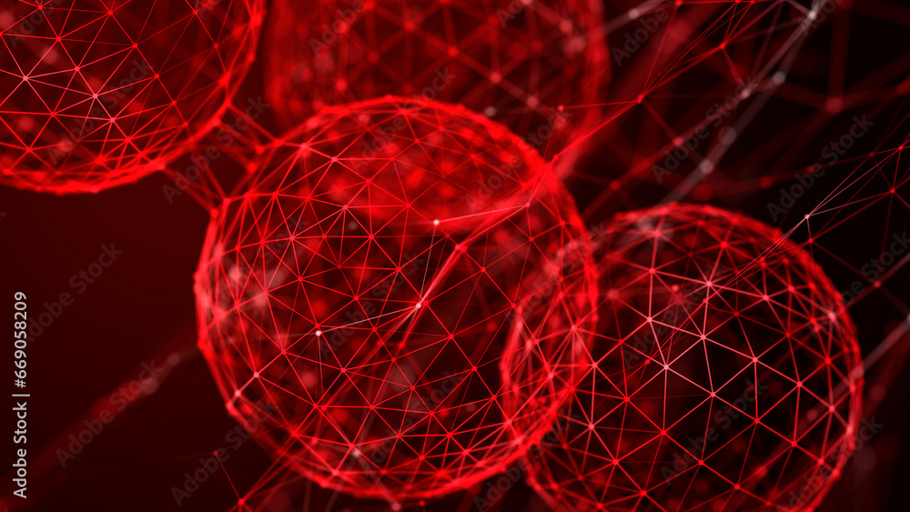 Poster Abstract spheres with connected dots and lines. Illustration with elements of viruses, bacteria on a dark background. 3d