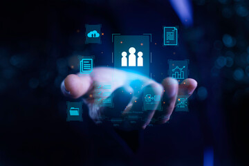 Management icon on hand. Ai data analysis and Management System. Futuristic virtual screen interface Technology. big data analysis, Software for archiving, searching,  managing and analysis.