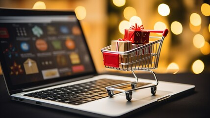 A laptop with shopping cart and a Christmas lights in the background