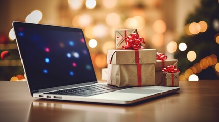 A laptop with gift boxes and a Christmas-themed background