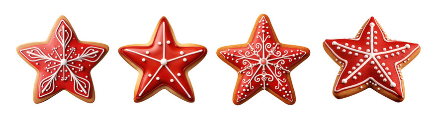 Collection of red christmas star gingerbread festive cookies isolated on a transparent background - Powered by Adobe