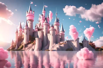 Abwaschbare Fototapete 3D rendering of a fairy tale castle with cotton candy clouds © Malaika