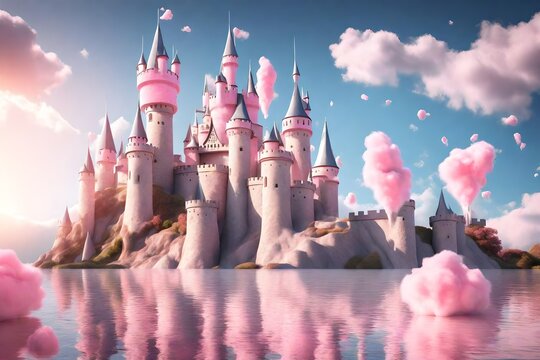 Fototapeta 3D rendering of a fairy tale castle with cotton candy clouds